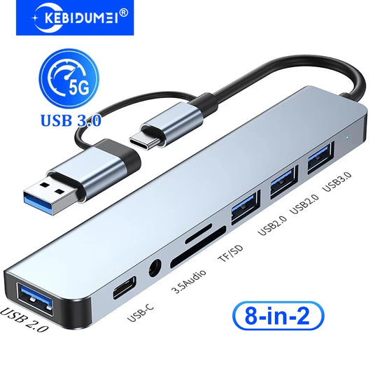 LCShopTech | KEBIDUMEI HUB USB-C 8 in 2 – Dock 5Gbps con SD, TF e Audio